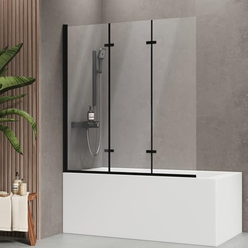 EMKE Faltbare Duschwand für Badewanne 130x140 cm, 3-teilig, Schwarz | 6 mm ESG Glas, 180° Schwenkbar, Hebe-Senk, Leicht zu Reinigen, Alurahmen, Badewannenaufsatz, Duschabtrennung