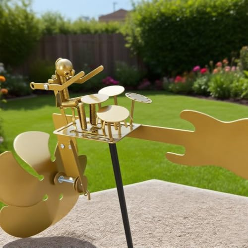 LatoYard Drummer Windmill, Handcrafted Metal Garden Spinner with Moving Parts, Rust-Resistant Yard Art for Rock Fans, Golden 8.6x9.8 Inch