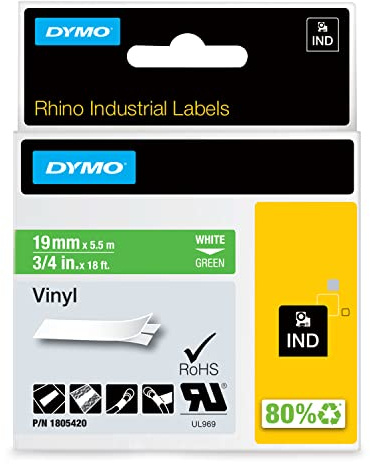 DYMO Rhino Industrial Vinyl Labels 19 mm x 5.5 m White Print on Green Self-Adhesive for LabelManager & Rhino Label Makers