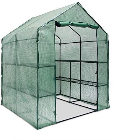 Relaxdays Invernadero Plástico, 8 Baldas, Vivero Jardín Alto con Puerta, Cubierta Polietileno, 195 x 140 x 140 cm, Verde