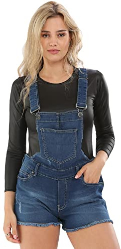 Ladies Stretchable Braces Dungaree Shorts Mid Wash UK 16