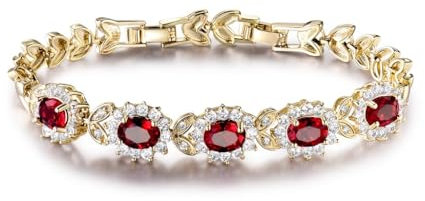 Gulicx, bracciale Tennis, argento/oro, con 5 cristalli ovali rubino/zaffiro/ametista color viola/bianco/blu/rosso, ottone, colore: Red, cod. L113d