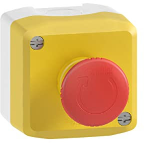 Schneider Electric XALK178- Aufbaugehäuse, Harmony XALK, Schalter Aufputz, Kunststoff, hellgrau, gelb, 1 Not-Aus-Schalter, Drehentriegelung, 1Ö