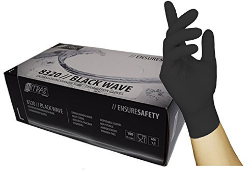Nitras 8320 BLACK WAVE unsterile, medizinische, lebensmittelgeeignete Nitril-Einmalhandschuhe Farbe schwarz, puderfrei & latexfrei 100 Stück im Spenderkarton Größe XL