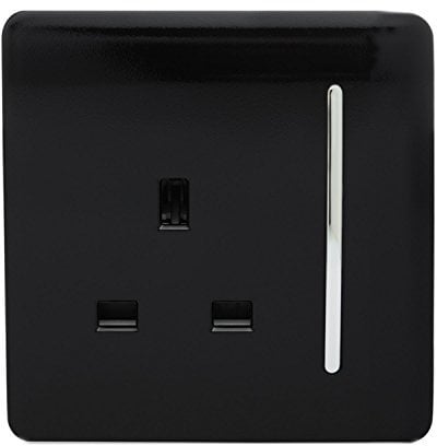 Trendi 1 Gang Raised Artistic Modern Glossy Screwless 13 Amp Single Pole with Chrome Switched UK Standard Electrical Double Wall Plug Socket in Piano Black - ART-SKT13BK