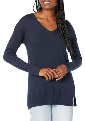 Amazon Essentials Women's Lightweight Long-Sleeved V-Neck Tunic Sweater (Available in Plus Size), Navy, M