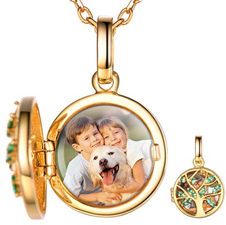 Custom4U Benutzerdefinierte Foto Lebensbaum Anhänger Medaillon Halskette S925 Silber Bilder Amulett Medaillon zum Öffnen Halskette mit Fotogravur und Textgravur in Gold mit 46cm Kette