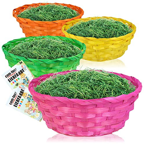 com-four® 4x bunte Bastkörbe und Eierfarben als Dekoration zu Ostern - Osternest in tollen Farben - Osterkörbchen mit Ostergras (Set 1 - bunt)