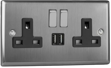 Varilight Double Switched Socket With USB Charging - Classic Brushed Steel With Brushed Steel/Black Insert