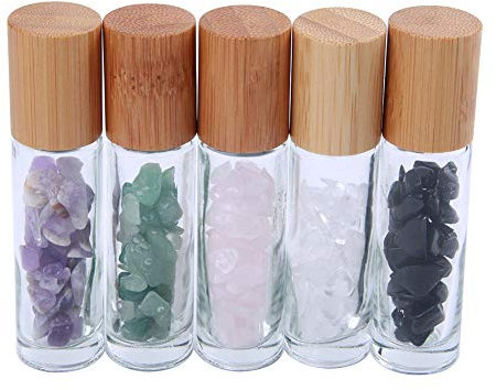 Constore 5 PCS 10ML Gemstone Roller Bottles,Refillable Roll On Bottles with Bamboo Lids Healing Crystal Chips Inside for Perfumes Aromatherapy Oils