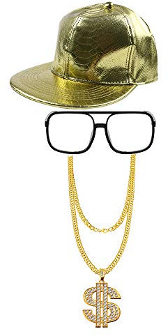Vientiane Hip Hop Kostüm Kit, Baseball Cap, Sonnenbrille, Goldkette, Retro Style 80er / 90er Rapper Zubehör, Adult 80er Party Theme Zubehör