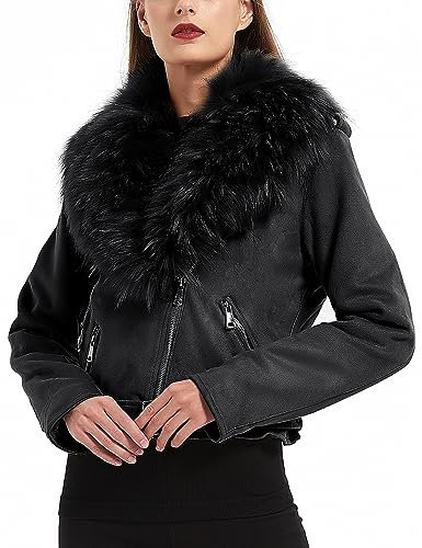 Giolshon Veste Courte en Cuir Imitation Daim pour Femmes, Vêtements D'hiver Manteau de Motard à la Mode avec col en Fourrure Amovible 8830 Noir M