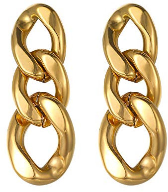Fluidable Hadley Link 18K Gold Plated Brass Layered Loops Curb Chain Link Dangle Drop Earrings For Women, Vintage Triple Oval Circles Hoops Teardrop Dangling Earrings, Gift For Anniversary