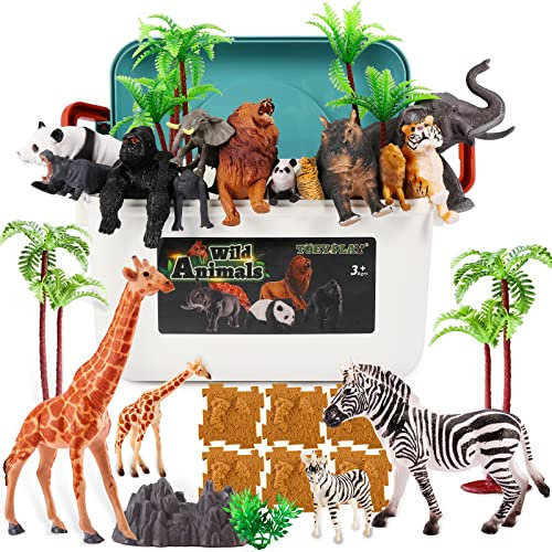 TOEY PLAY 52 Stück Safari Tiere Figuren Spielzeug für Kinder, Große und Kleine Wildtiere Figuren Set, Tierfiguren mit Puzzles, Koffer, Lernspielzeug Geschenke für Jungen Mädchen 3 4 5 Jahre