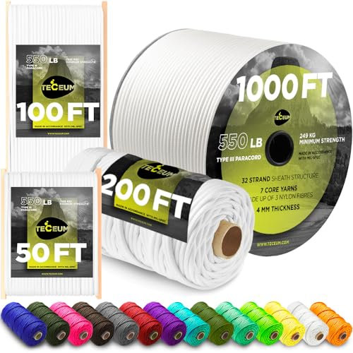 TECEUM Paracord Type III 550 White – 15 m – 4mm – Tactical Rope MIL-SPEC – Outdoor Para Cord – Camping Hiking Fishing Gear and Equipment – EDC Parachute Cord – Strong Survival Rope (50ft) 007