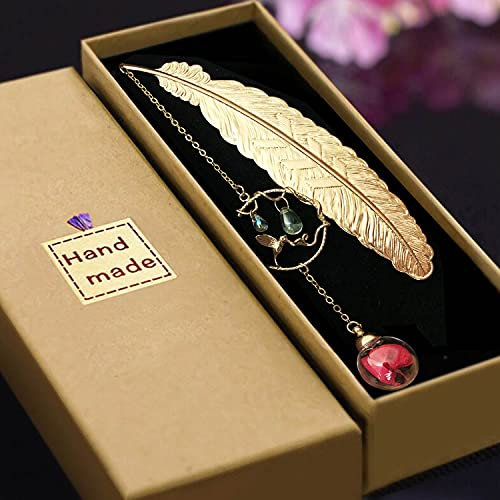 SUOXU Feder Lesezeichen, Zwei Farben von Gold und Silber, Exquisite Retro mit 3D-Kolibris und Glasperlen, für Leser, Damen und Kinder, 2 Stück, Messing, Office Products