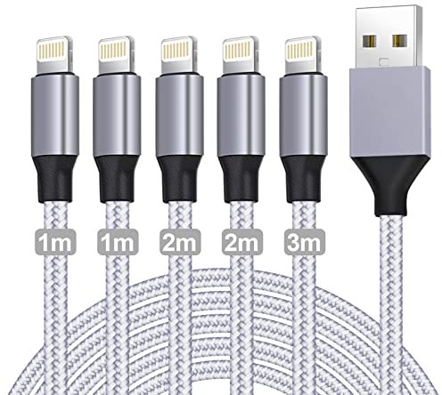 iPhone Ladekabel,Lightning Kabel [5Pack-1/1/2/2/3M] MFi Zertifiziert USB Schnellladekabel Nylon iPhone Kabel USB auf Lightning Kabel für iPhone 14 13 12 11 Pro Max Plus 8 7 6 5s XR X SE iPad (Grey)