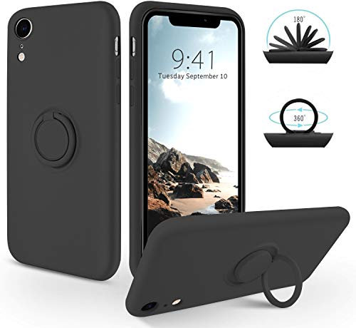 SouliGo iPhone XR Hülle, iPhone XR Handyhülle Silikon Gel Slim Case Cover mit 360 Grad Ring Halter Ständer stabil Kratzfest Hülle für iPhone XR 6.1 Zoll Schwarz
