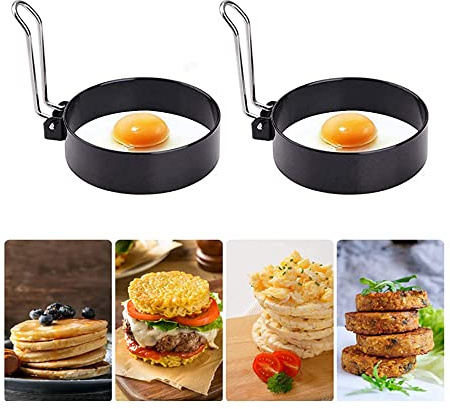 FLYFISH Spiegelei Pfanne, Eierform für Die Pfanne, Edelstahl Omelette Ei Ring 10cm, Bratring Spiegelei, Egg Frying Ring, Ei Ring Gross Formen(S (7.6cm*2.1cm), Schwarz (2er Pack))