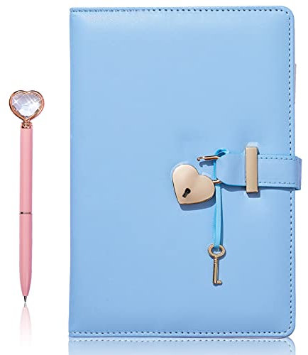 Herzförmiges Schloss-Tagebuch mit Schlüssel und Herz-Diamantstift,PU-Ledereinband, A5,Tagebuch,geheimes Notizbuch,Geschenk für Frauen und Mädchen (Blue)