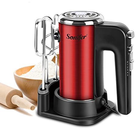 Sonifer Handrührgerät Elektrischer | 400 Watt Handmixer Edelstahl | 5 Geschwindigkeitsregler | Turbo- und Auswurf-Funktion | extrem leiser Motor | inkl. 2 Rührbesen und 2 Knethaken und 1 Sockel | Rot