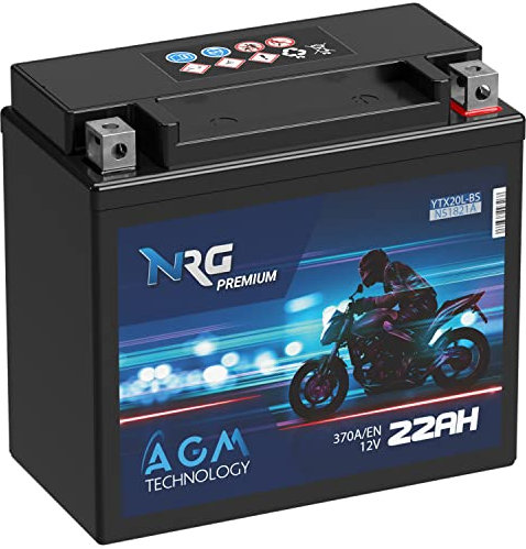 NRG Premium YTX20L-BS AGM Motorradbatterie 22Ah 12V 370A/EN Batterie 51821 CTX20L-BS GTX20L-BS auslaufsicher wartungsfrei ersetzt 20Ah