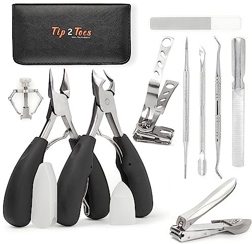 TIP2TOES 10 Pcs Ingrown Toenail Clippers for Seniors Thick Toenails- Heavy Duty Podiatrist Toe Nail Cutter for Men, Professional, and Adults- Easy Grip Handle Stainless Steel Sharp Curved Grooming Kit