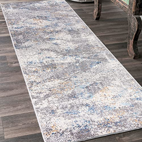 Mazovia Teppich Läufer Flur - Modern Teppichläufer – Kurzflor, Weich - für Vorzimmer Eingangsbereich Schlafzimmer Küche Korridor - Abstrakt Muster - 60 cm Breite Grau Blau 2 60 x 300 cm