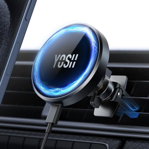 YOSH Mag-Safe Car Charger Mount, 15W Fastest Charging& 16x N52 Magnets New Magnetic Wireless iPhone Car Charger Air Vent, Perfect for iPhone 16/15/14/13/12 Series&Mag-Safe Case with Double Metal Hook