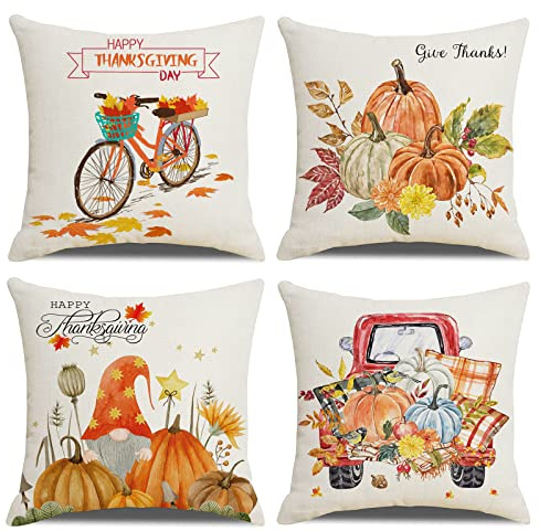 OCEUMACO Leinen Kissenbezug 40x40 Thanksgiving Kissenhülle 4er Set Quadratisch Sofakissen Dekokissen Bezug für Couch Herbst Kürbis Kissen Kissenbezüge Outdoor Deko Zierkissen Couchkissen - Orange
