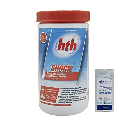 HTH Shock Poudre - 1kg | Chlore Choc Non Stabilisé - Désinfection Choc - Hypochlorite de Calcium à Dissolution Rapide + 10 Tests HPS OFFERTS 6 en 1