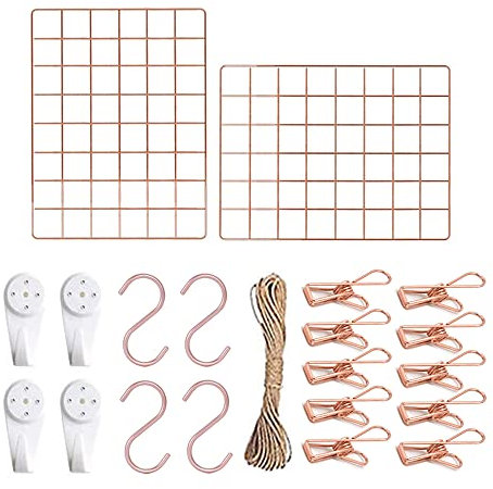 Genérico Rejilla Decoracion Pared Juego de 2,Rejilla de Pared Para Mostrar Fotos,Rejilla Metálica Para Decoracion Habitacion y Organizador Pared Escritorio (Oro rosa)