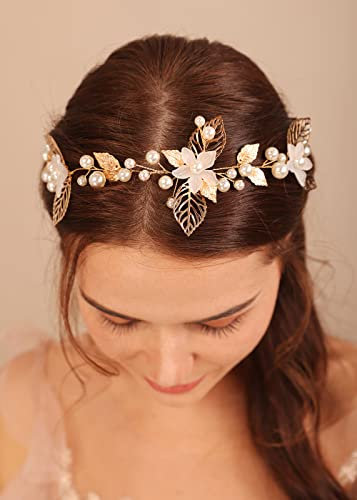Deniferymakeup White Flower Headband Leaf Hair Vine Pearl Hair Piece Bridal Shower Hair Jewelry for Wedding Brides Bridesmaid (Rose Gold)