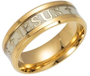 YAHOYA Edelstahl leuchtende Jesus Kreuz Ring Brief Bibel Gebet Finger Ringe für Männer 8mm Amulett Schmuck