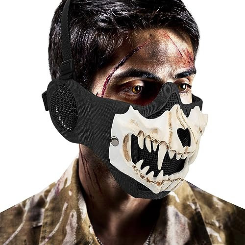 Yzpacc Airsoft-Maske, Halbgesichtsmaske, Oni-Maske, Samurai-Maske, Totenkopf-Halbgesichtsmaske, taktische Halbgesichtsmaske mit Ohrenschutz, Netzmaske für Halloween, Party, Paintball, Cs, Jagd