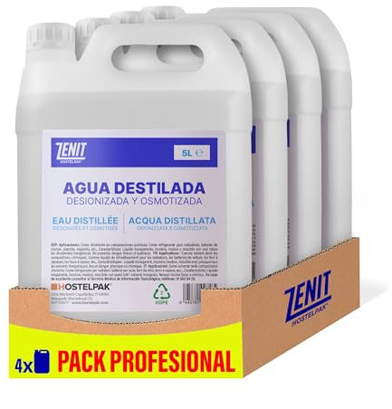 Hostelpak - Eau distillée désionisée et osmotisée | Soin textile professionnel | pureté exceptionnelle | Idéal pour blanchisserie, 5 l (lot de 4)