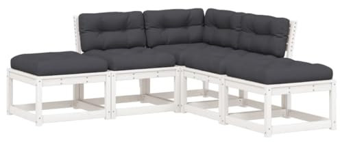 vidaXL Garten Sofa Garnitur 5-TLG., Gartenmöbel Set mit Kissen, Sitzgruppe für Garten Terrasse Latten-Design, Modular Gartensofa Lounge, Weiß Massivholz Kiefer