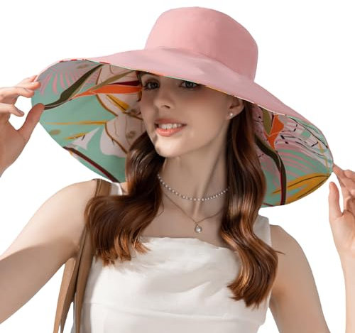 AIEOE Capeline Femme Imprimé Bord Large Chapeau d’Eté Protection Solaire Coton Respirant style01 Rose