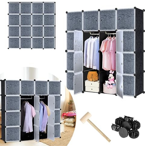 VA-Cerulean Sistema de estanterías de plástico, armario con puerta y barra para ropa, armario para dormitorio, armario combinado para ropa, libros, juguetes (16 cubos, negro)