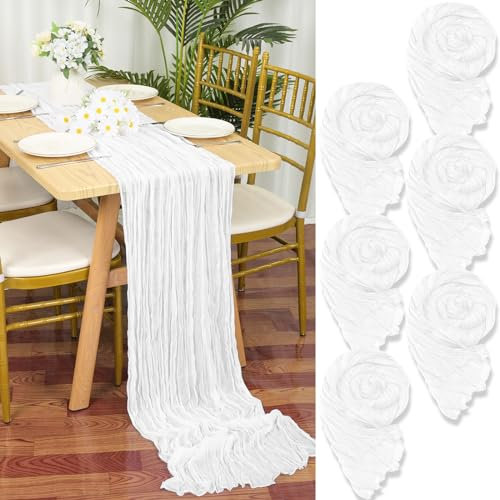 6 Stück Seihtuch Tischläufer Weiß,55 x 300 cm Weiß Rustikaler Gaze Stoff Boho Tischläufer Käsetuch Cheesecloth Tischläufer Hochzeit Tischdecke für Hochzeitsfeier Brautparty Tischdekoration