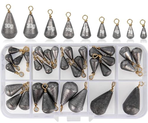 33 Pcs Small Fishing Weights Mixed 8 Sizes Deep Sea Fishing Weights Assorted 2g 3g 5g 7g 10g 15g 20g 30g Iron Fishing Sinkers Weights with Swivel for River Saltwater Freshwater Mackerel (33)