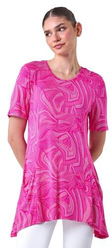 Roman Originals Swing Top with Pockets for Women UK Ladies Hanky Hem Asymmetric Tunic Blouse Longline Long Stretch Jersey Casual Round NeckTee Shirt T-Shirt - Cerise - Size 10