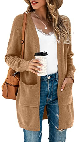 TASAMO Womens Long Cardigans Solid Color Comfy Ribbed Hem Office Work Duster(Small, Light Brown)