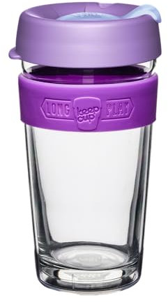 KeepCup Longplay Wiederverwendbare Kaffeetasse, doppelwandiges Glas mit abnehmbarer Hülle und spritzwassergeschütztem Trinkdeckel, 454 ml, Helio