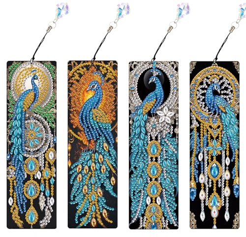 JISHSHAY 4 Stück Diamond Painting Lesezeichen Pfau Traumfänger Diamant Painting Lesezeichen Diamantmalerei Bookmark Diamant Malerei Book Marks Diamaond Malerei Mosaik Bastelset Erwachsene Book Lover