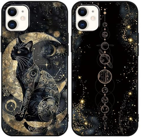 Yimctoie 2 Stück Handyhülle für iPhone 11 6,1,Aesthetic Gold Mond Cat Tarotkarten Muster Hülle,Kreativität Ästhetik Schwarze Katze Case,Schutzhülle Silikon Bumper Stoßfeste Cover für iPhone 11