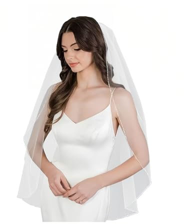 AMORARSI Brautschleier, Perlenrand, 1 Etage, Fingerspitzenlänge, Hochzeitsschleier mit Kamm, 99 cm, gebrochenes Weiß, 99 cm