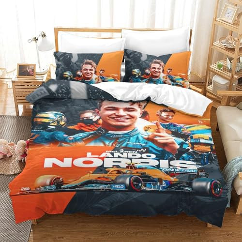 EOASNRTCB 3D Mikrofaser Lando Norris Bettwäsche Jungen F1 Racing Steppdeckenbezug Set Bettbezug Mit Verdecktem Reißverschluss Und Kissenbezug Single（140x200cm）