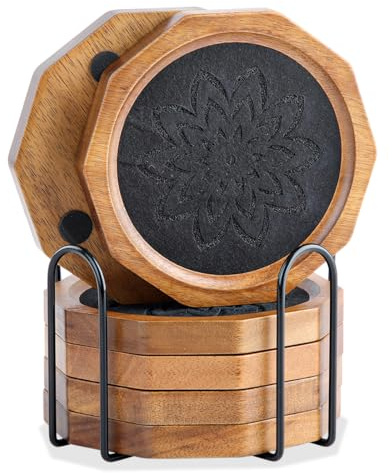 LiWiBet Wood Coasters for Drinks Absorbent with Lip, 4.3 Inch Rustic Acacia Wood Black Felt Coaster with Holder for Wooden Coffee Table for Cups, Mugs, and Glasses - Set of 6
