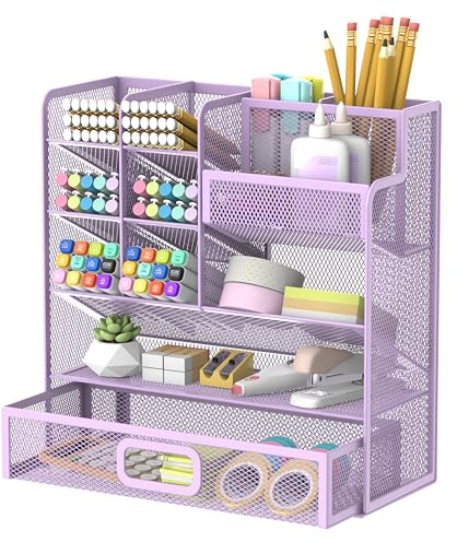SUPEASY Metall Stift/Bleistift Halter, Schreibtisch Organizer mit Schublade, Multifunktionale Bleistift Organizer, Schreibtisch Organizer und Zubehör für Office Art Supplies (Lila)